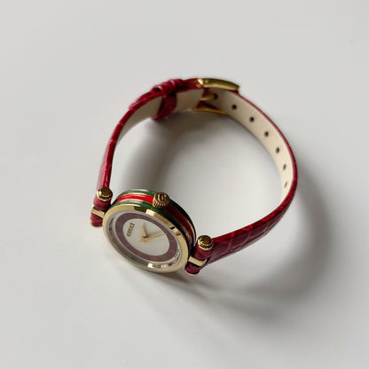 Gucci 1990s Red Round Dial Gold Plated Watch