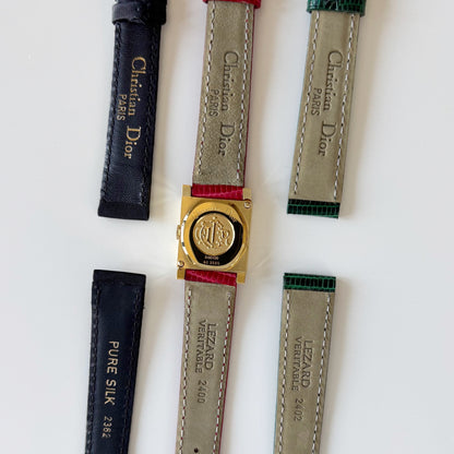 Dior 1990s La Parisienne Interchangeable Strap Square Dial Gold Plated Watch with 3 straps, case