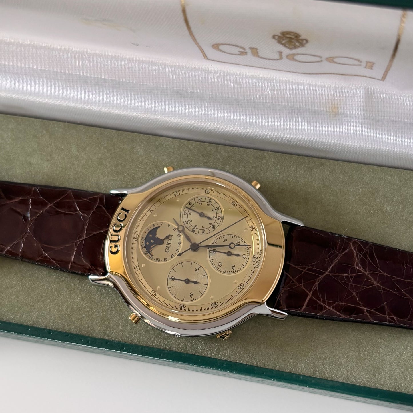 Gucci 1990s Moon Phase Gold Plated Two Tone Watch (Large)