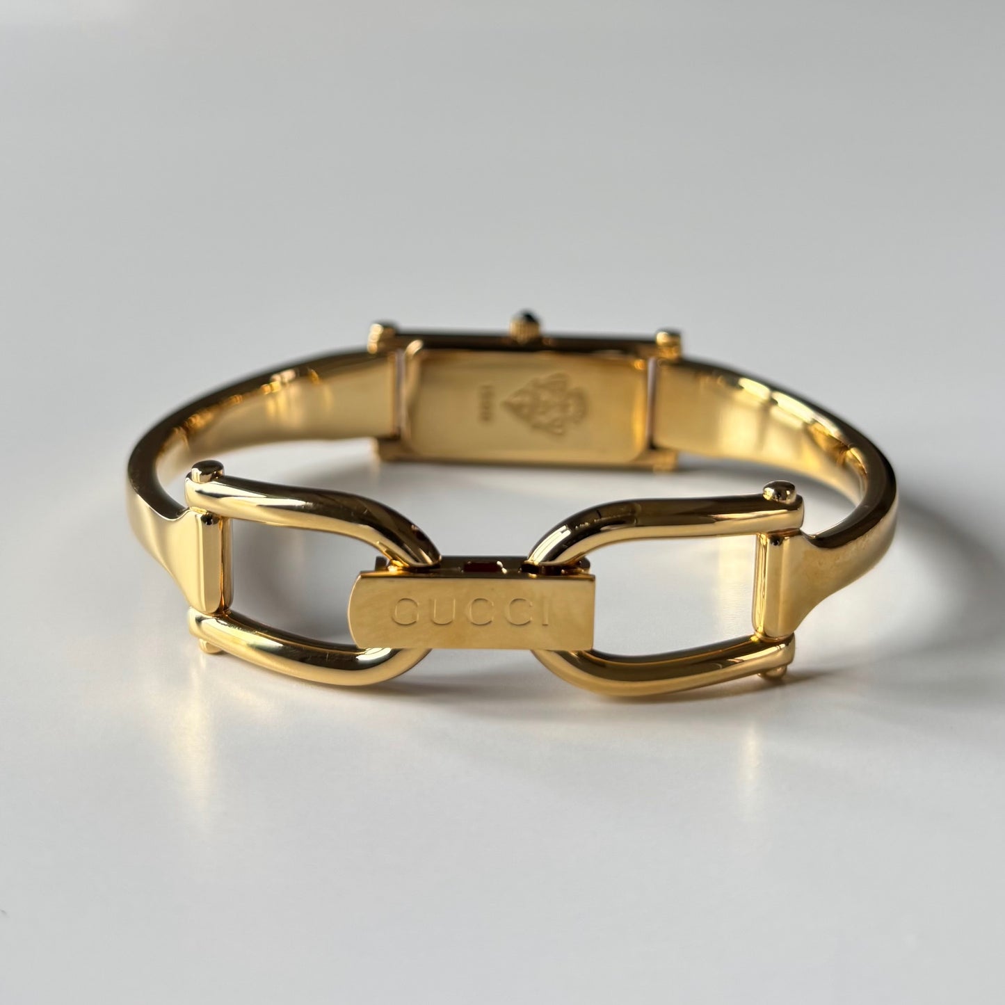 Gucci 1990s Gold Rectangular Dial Gold Plated Bangle Watch