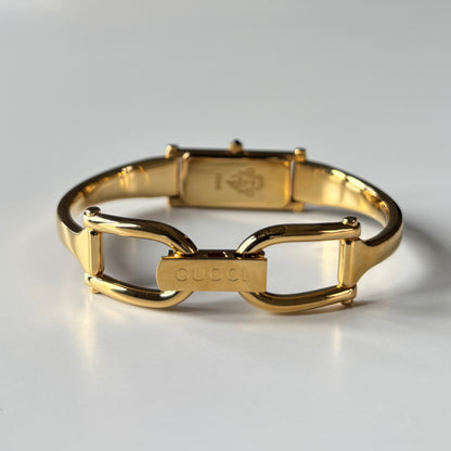 Gucci 1990s Gold Rectangular Dial Gold Plated Bangle Watch