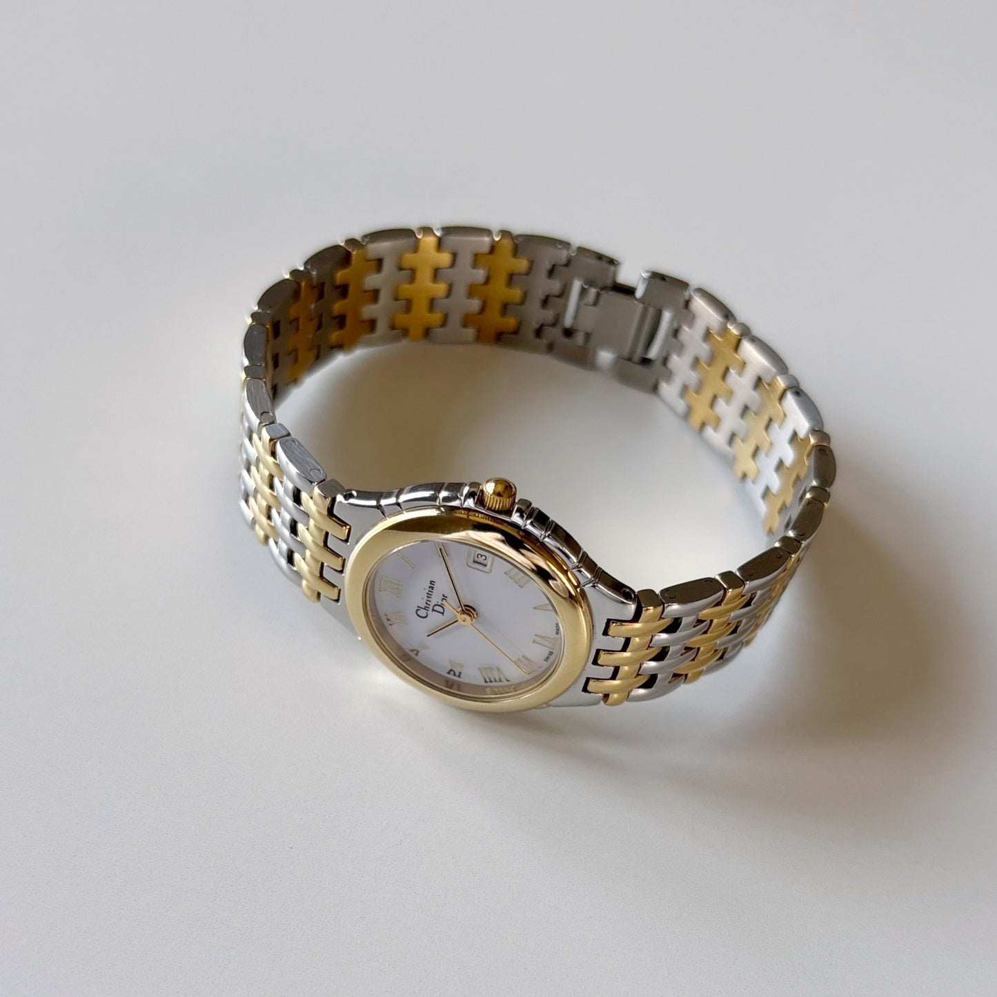 Dior 1990s Date Round Dial Two Tone Gold Plated Watch
