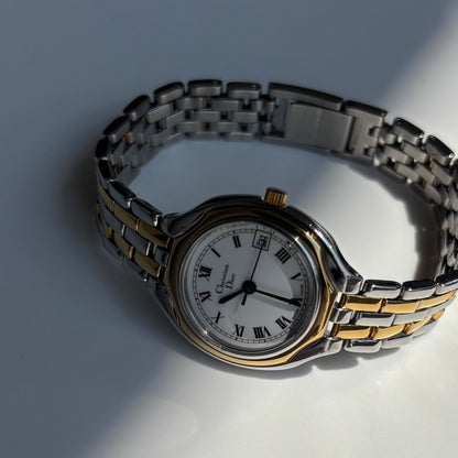 Dior 1990s Date Round Dial Gold Plated Two Tone Watch