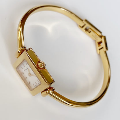 Gucci 1990s Seashell Dial Square Gold Plated Bangle Watch