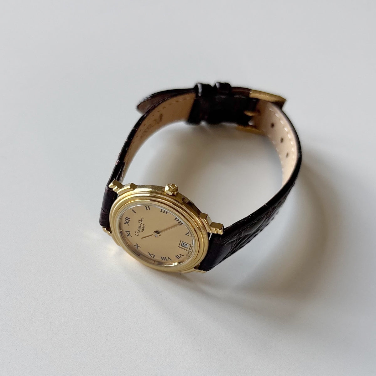 Dior 1990s Date Gold Round Dial Gold Plated Watch