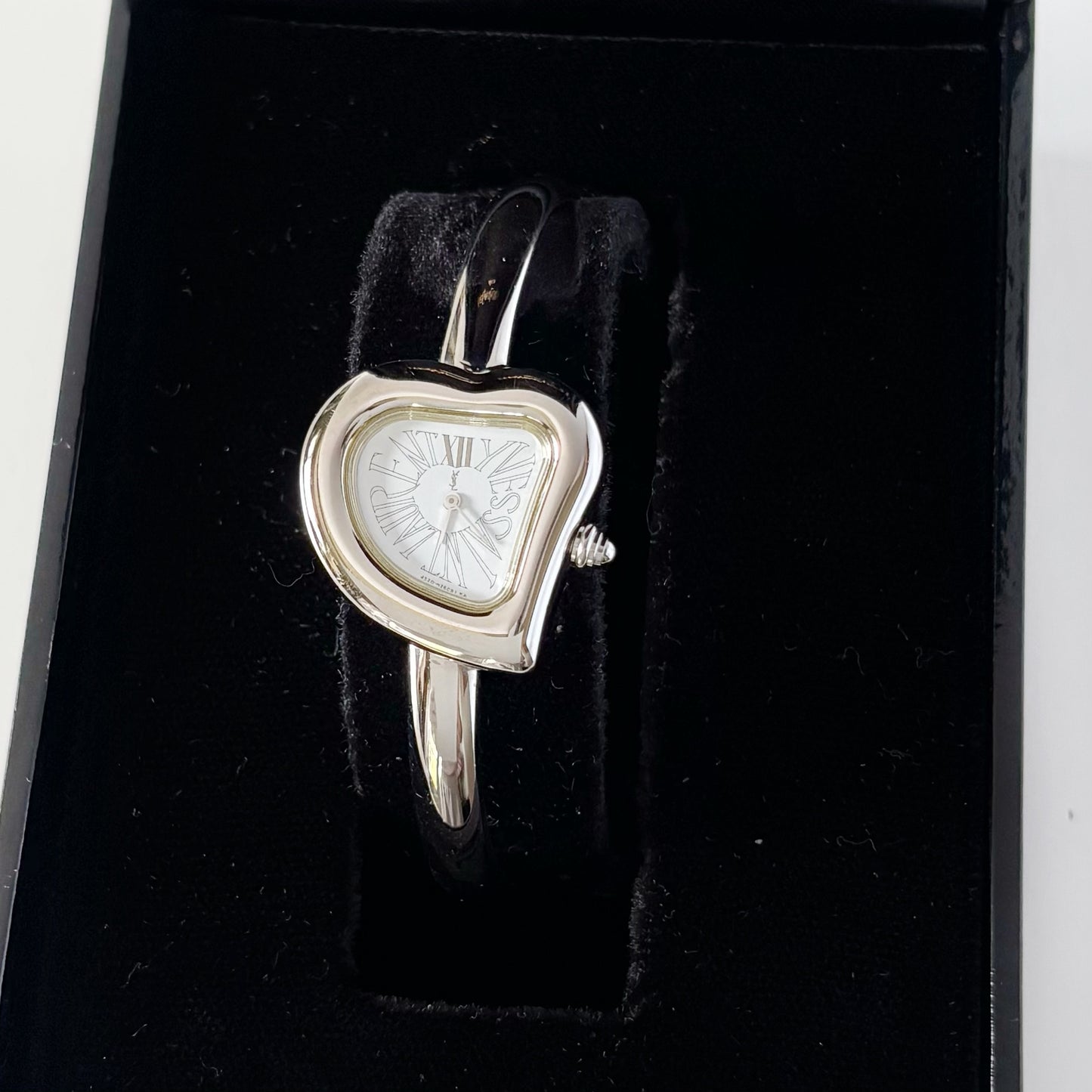Yves Saint Laurent 1990s Heart Shaped Dial Silver Bangle Watch