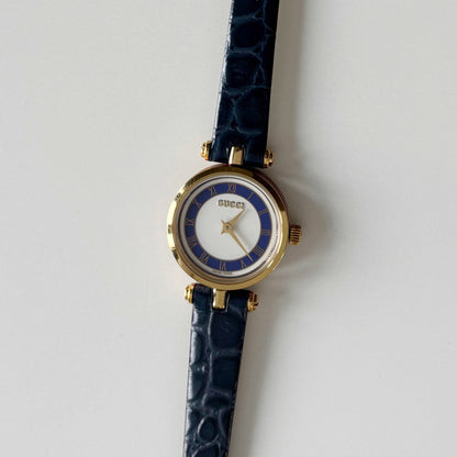 Gucci 1990s Round Dial Blue Gold Plated Watch