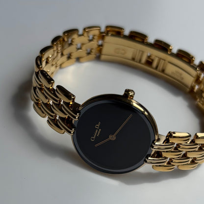 Dior 1990s Bagheera Black Dial Gold Plated Round Watch