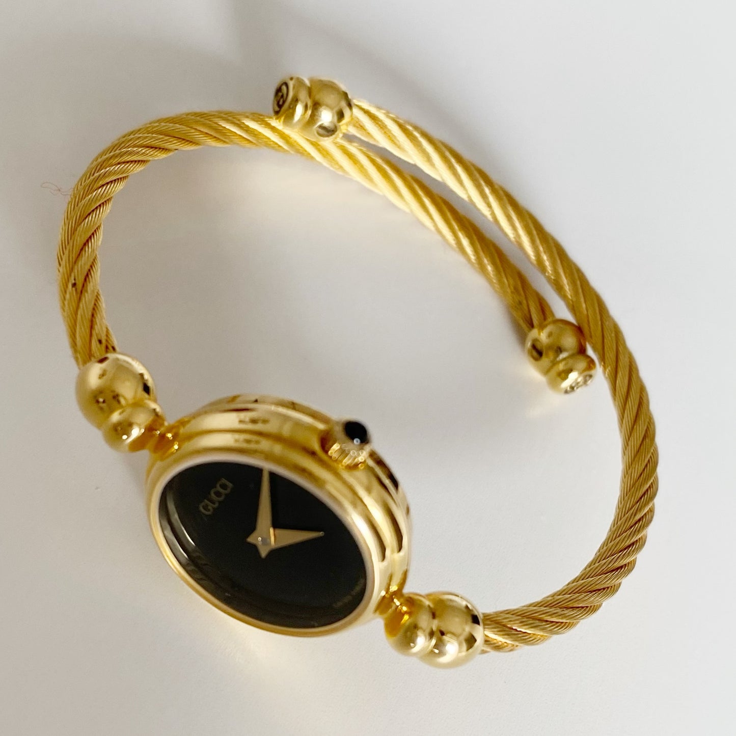 Gucci 1990s Black Dial Gold Plated Cable Bangle Watch