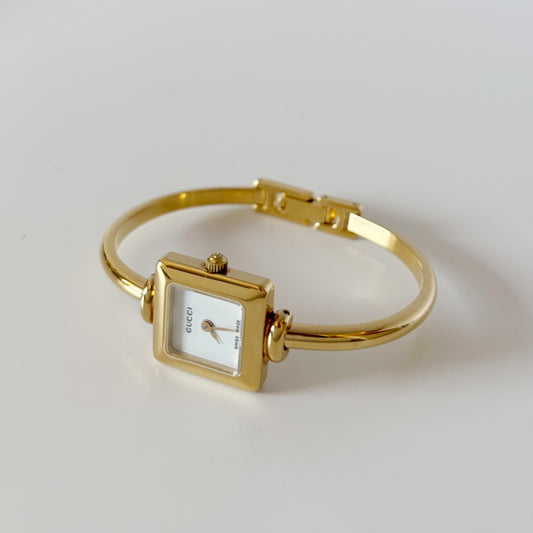 Gucci 1990s Square Dial Gold Plated Bangle Watch