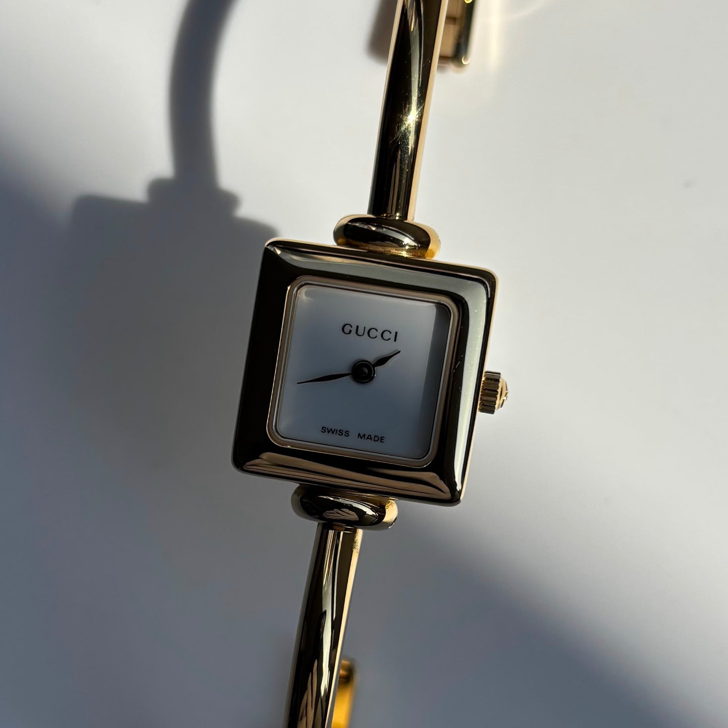 Gucci 1990s Square Dial Gold Plated Bangle Watch (Small)
