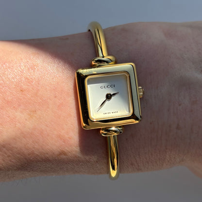 Gucci 1990s Square Dial Gold Plated Bangle Watch (Small)