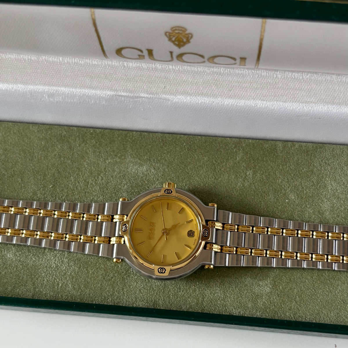 Gucci 1990s Date Round Dial Two Tone Gold Plated Watch
