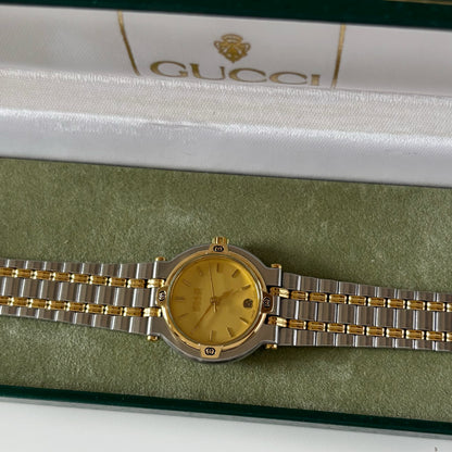 Gucci 1990s Date Round Dial Two Tone Gold Plated Watch