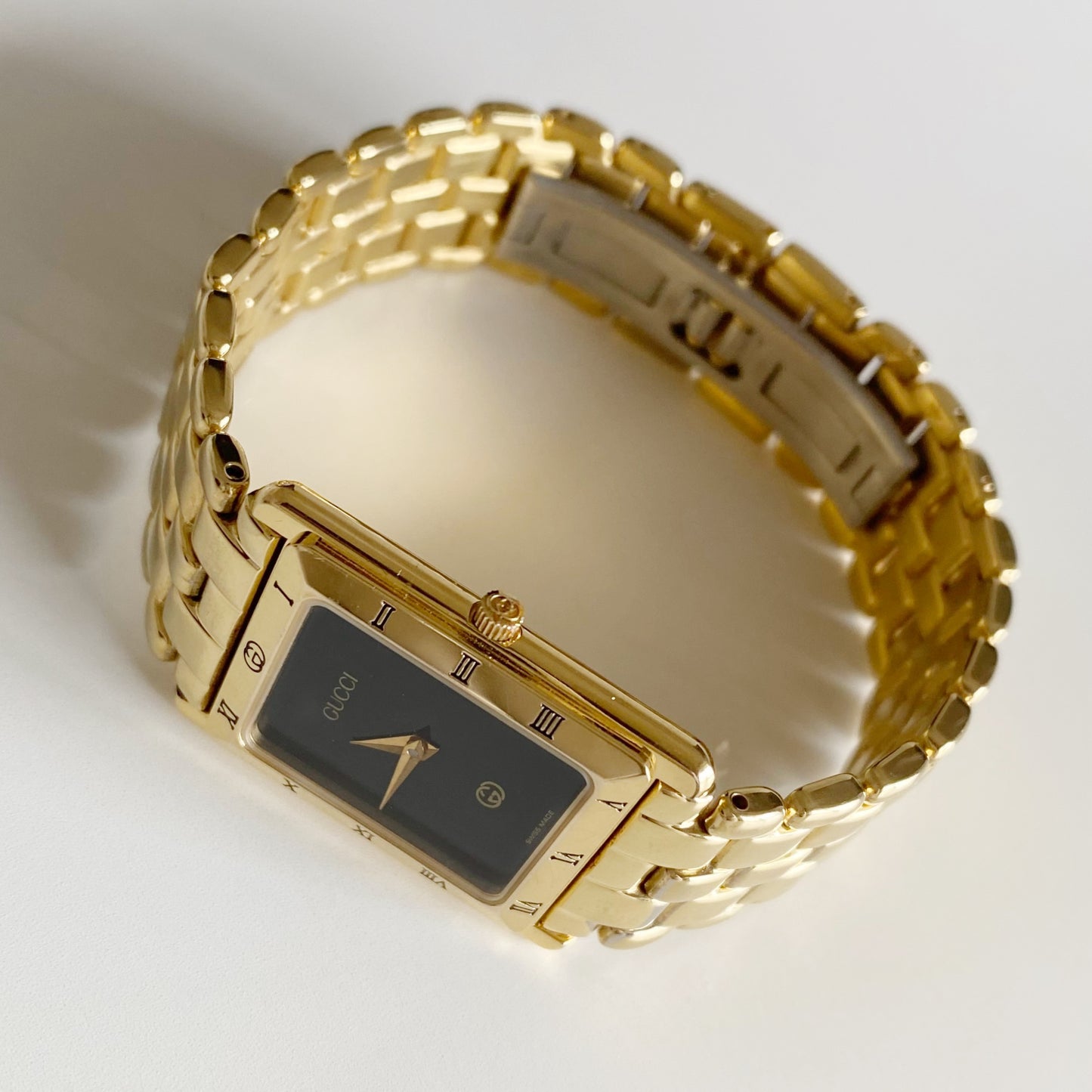 Gucci 1990s Black Dial Tank Gold Plated Watch (Large)