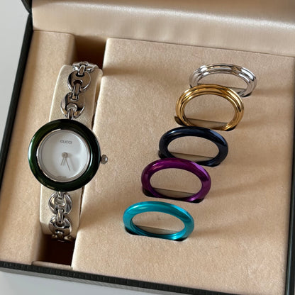 Gucci 1990s Interchangeable Bezel Stainless steel Chain Watch with 6 bezels, case