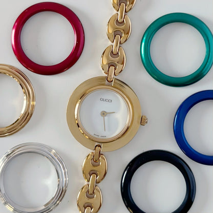Gucci 1990s Interchangeable Bezel Gold Plated Watch with 6 bezels, case (167mm)
