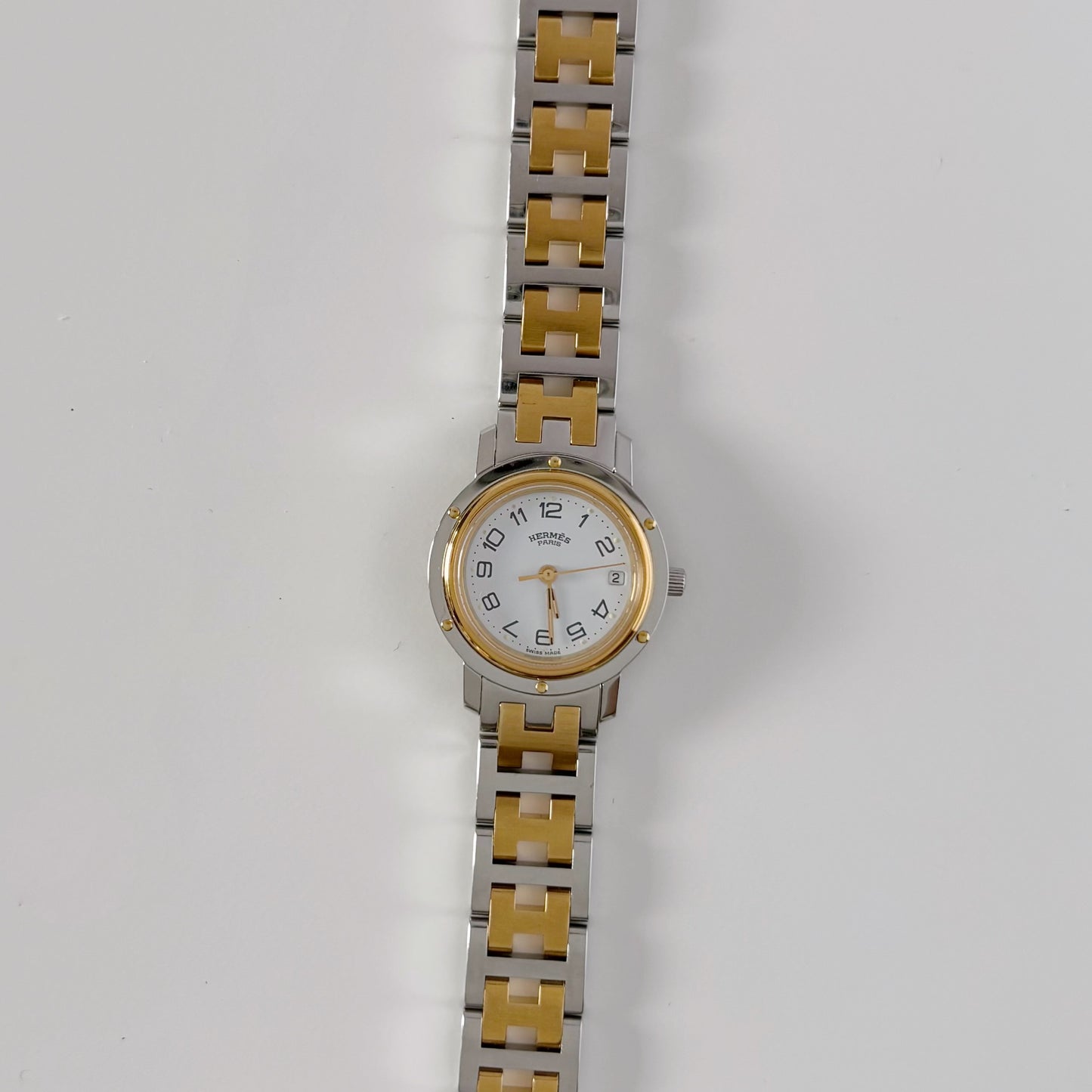 Hermes 1990s Clipper Round Dial Gold Plated Two Tone Watch