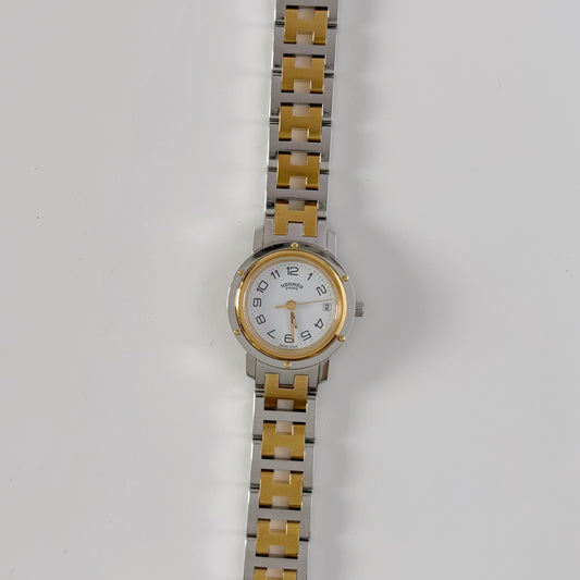 Hermes 1990s Clipper Round Dial Gold Plated Two Tone Watch