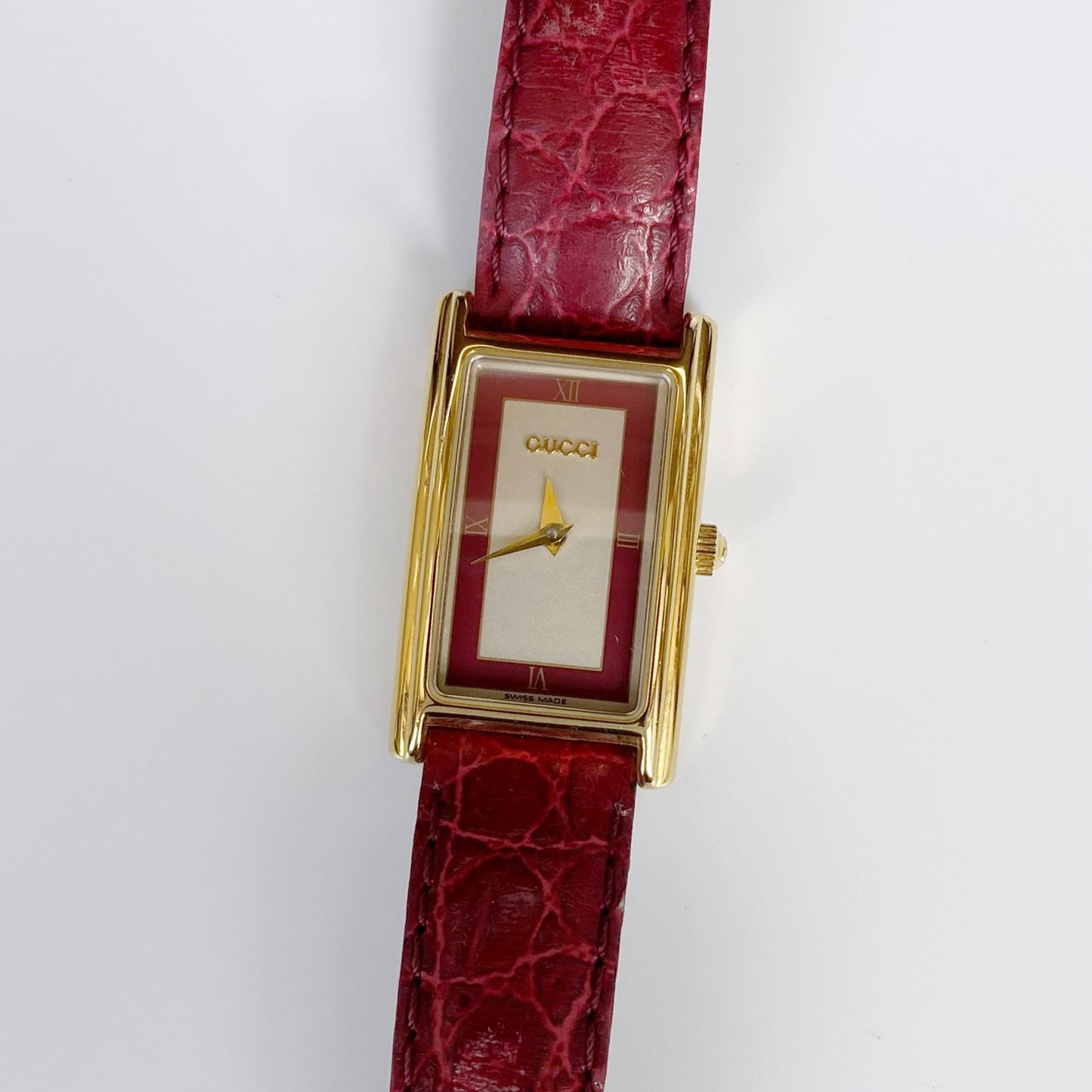 Gucci 1990s Gold Plated Rectangular Red Leather Watch