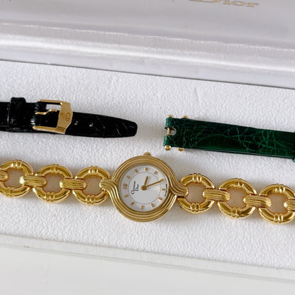 Dior 1990s Round Dial Interchangeable strap Gold Plated Watch with 3 straps, case