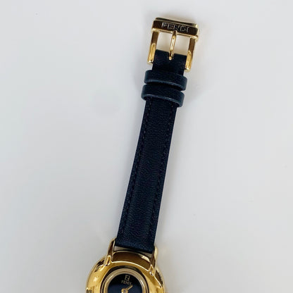 Fendi 1990s Black Dial Gold Plated Round Leather Strap Watch