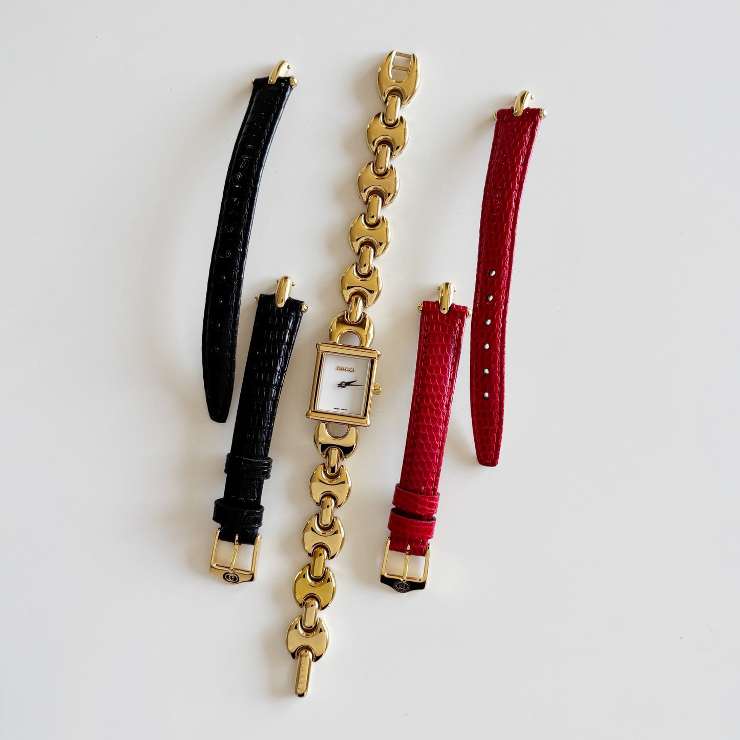 Gucci 1990s Interchangeable Strap Gold Plated Watch with 3 straps, case