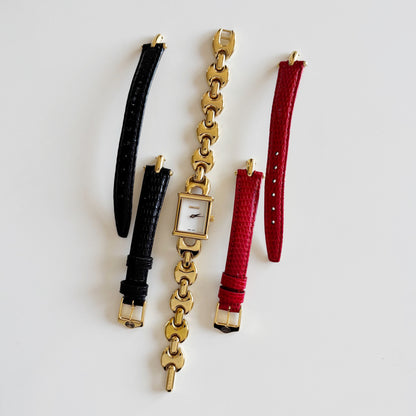 Gucci 1990s Interchangeable Strap Gold Plated Watch with 3 straps, case