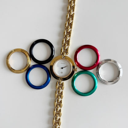 Gucci 1990s Interchangeable Bezel Gold Plated Rice Chain Watch with 6 bezels, case (160mm)
