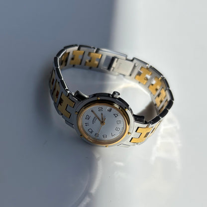 Hermes 1990s Clipper Date Round Dial Two Tone Gold Plated Watch