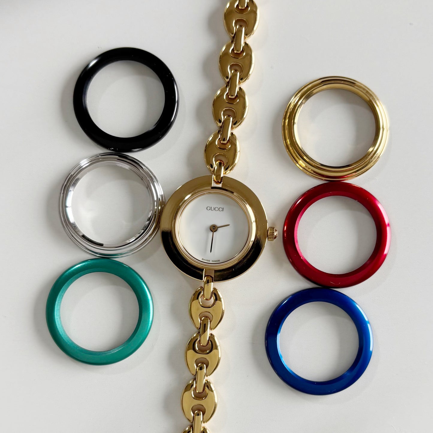 Gucci 1990s Interchangeable Bezel Gold Plated Watch with 6 bezels, case (165mm)