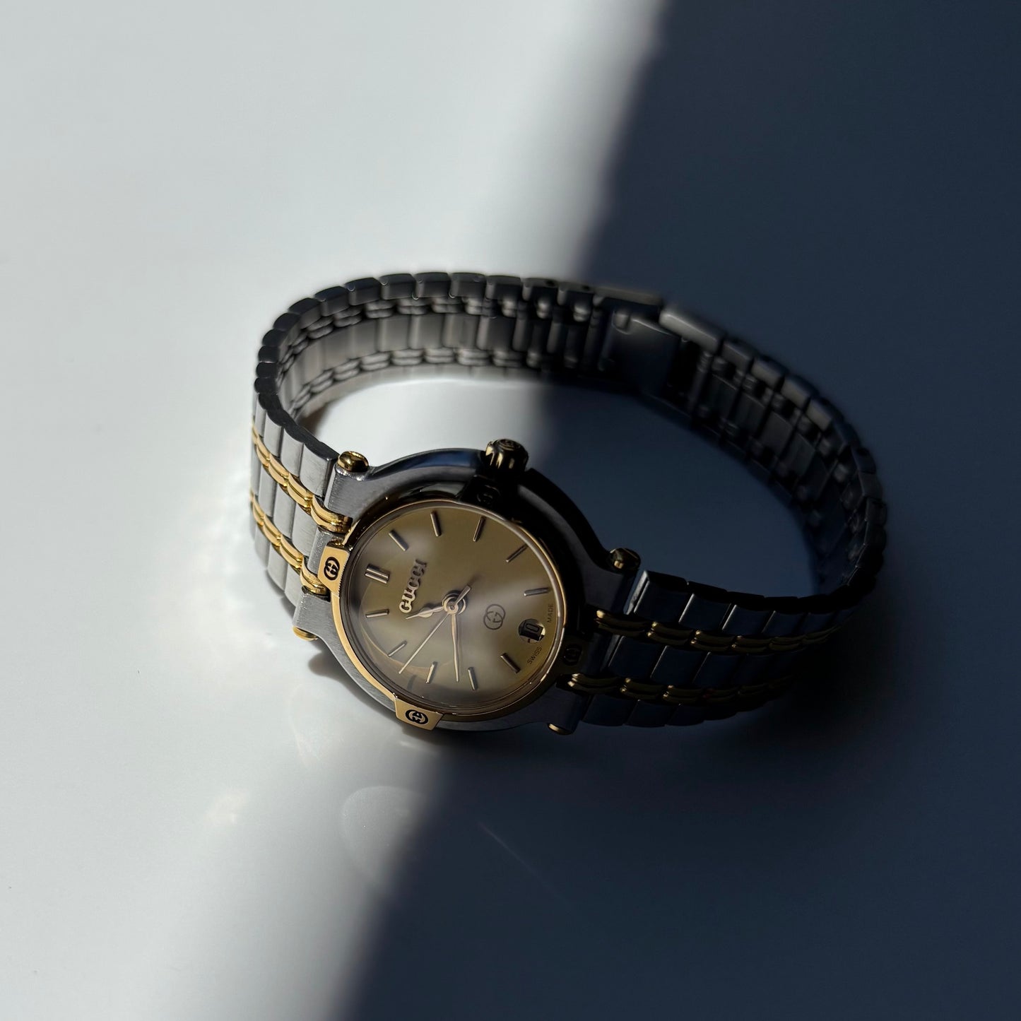 Gucci 1990s Date Round Dial Two Tone Gold Plated Watch