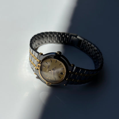 Gucci 1990s Date Round Dial Two Tone Gold Plated Watch