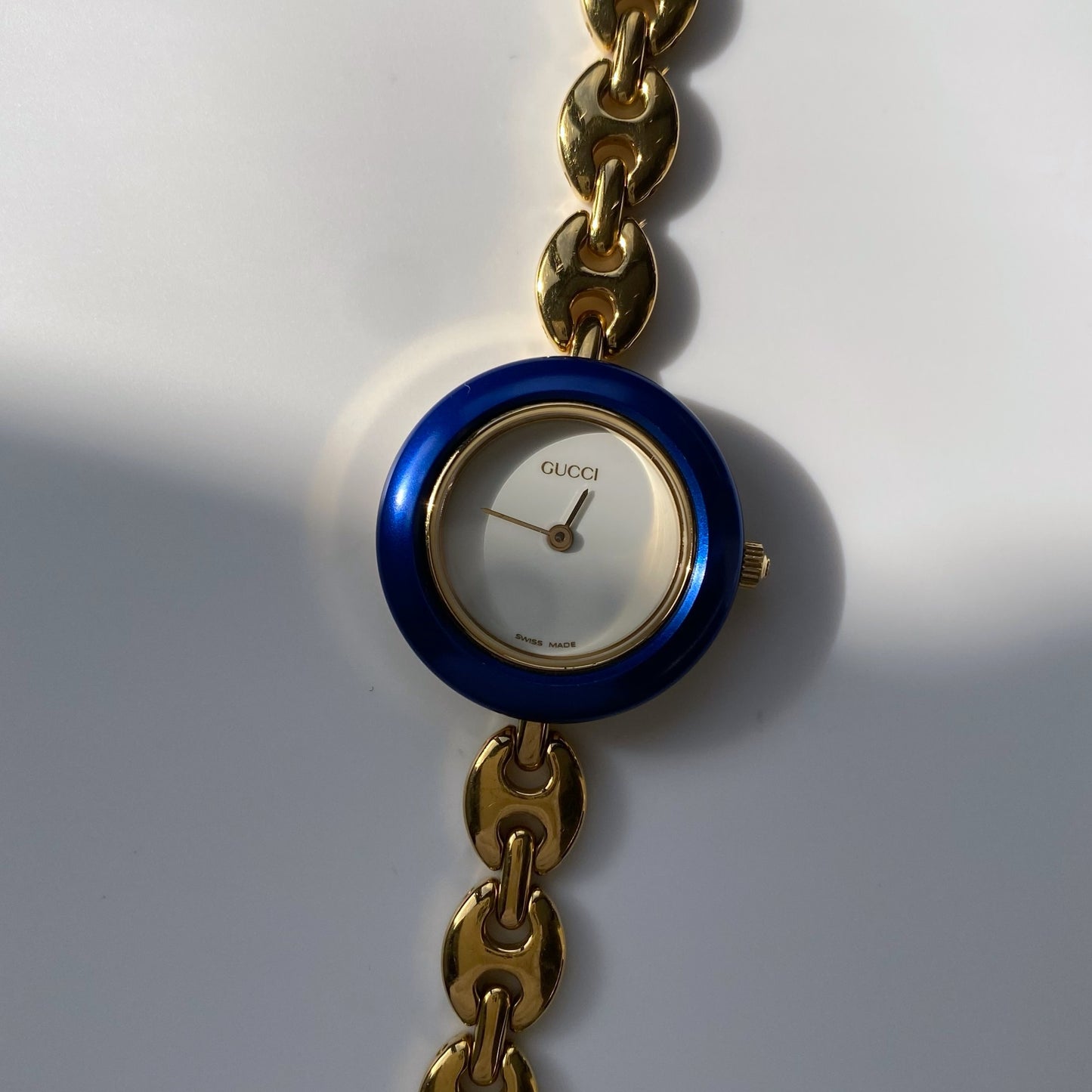 Gucci 1990s Interchangeable Bezel Gold Plated Watch with case, 6 bezels