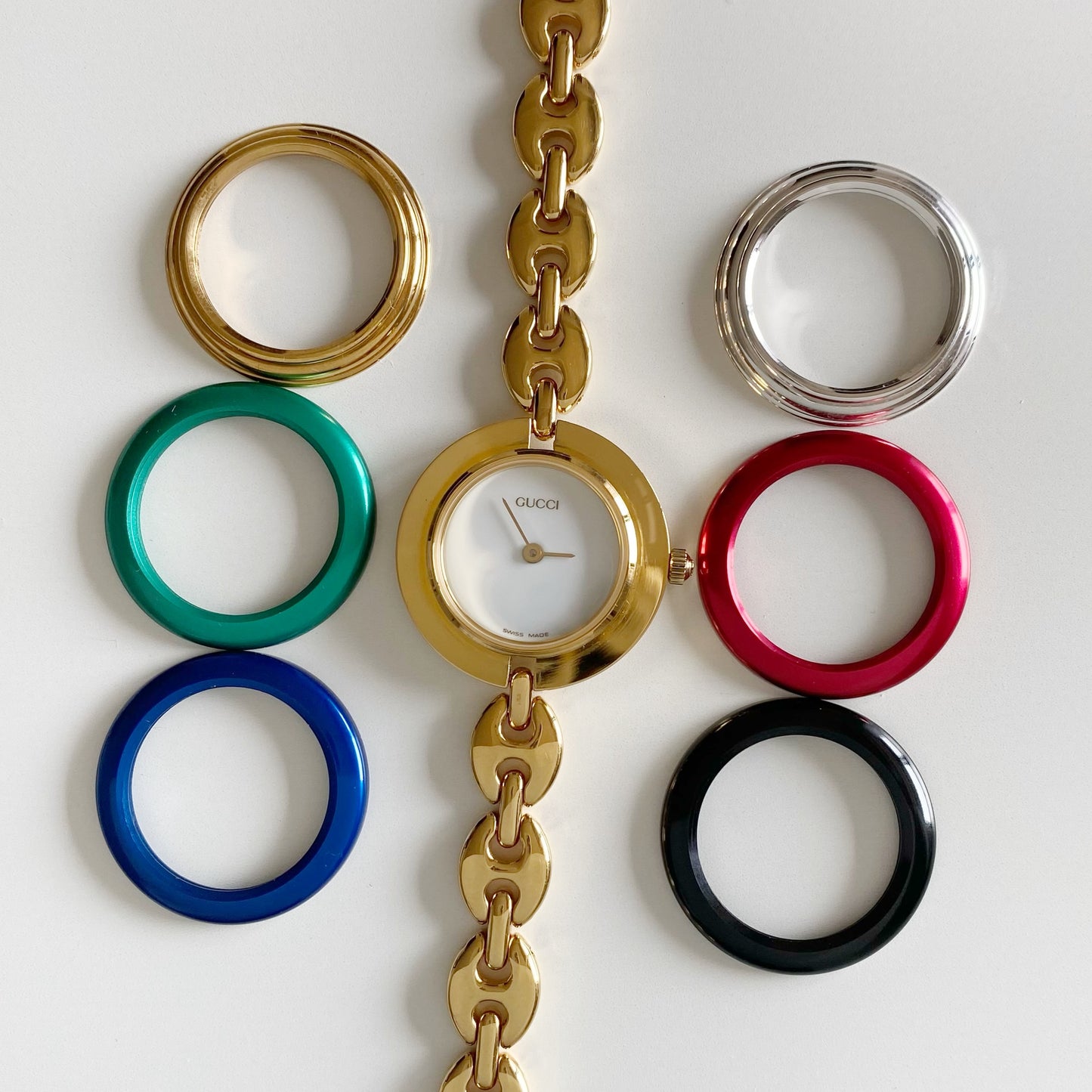 Gucci 1990s Interchangeable Bezel Gold plated Watch with 6 bezels, case (165mm)