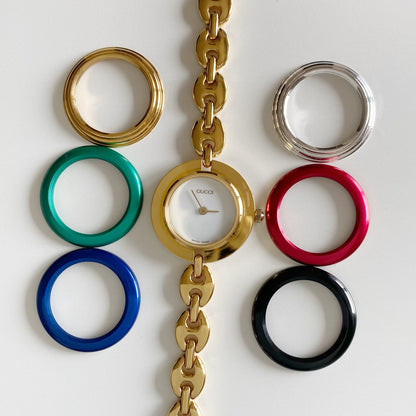 Gucci 1990s Interchangeable Bezel Gold plated Watch with 6 bezels, case (165mm)