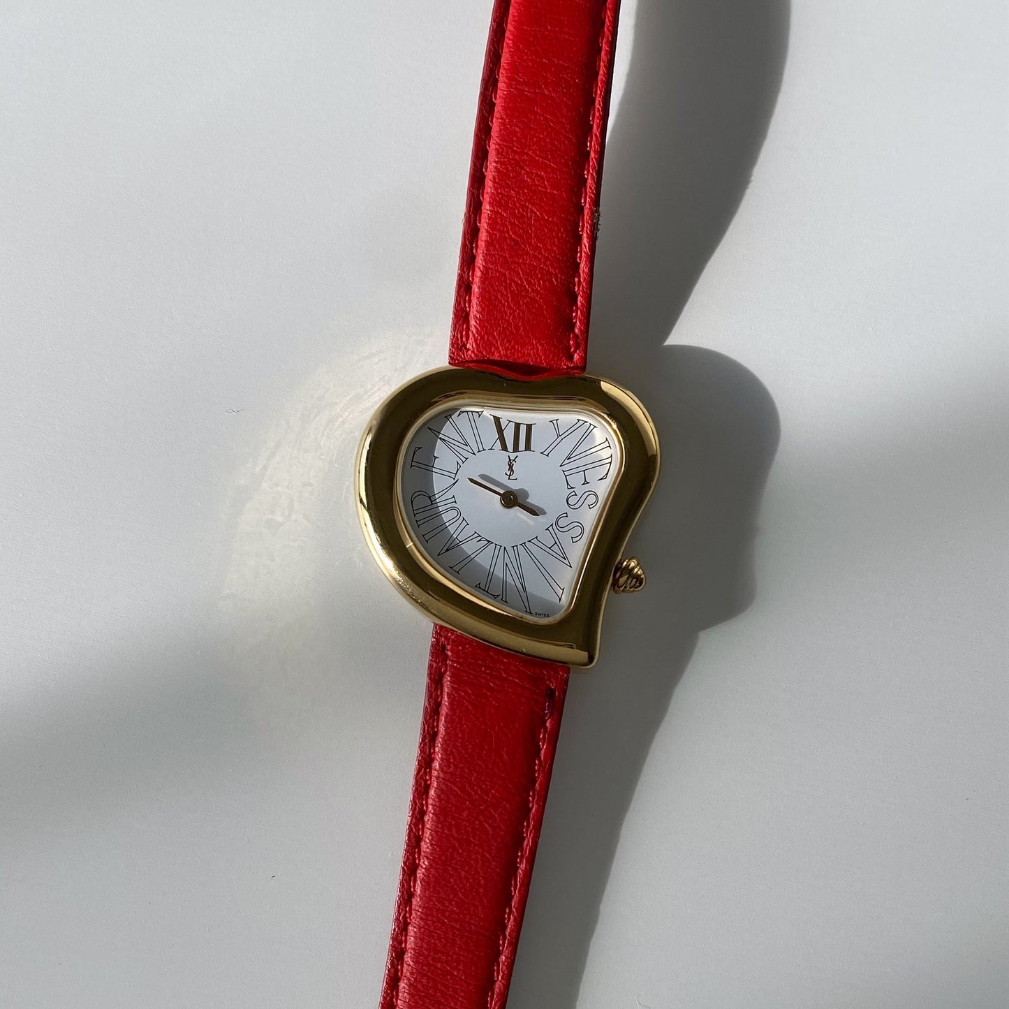 Yves Saint Laurent 1990s Heart Shaped Gold Plated Red Watch