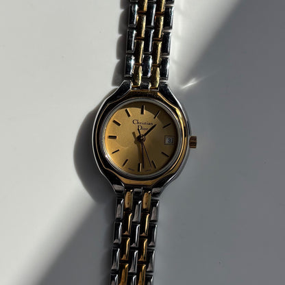 Dior 1990s Date Round Dial Two Tone Gold Plated Watch