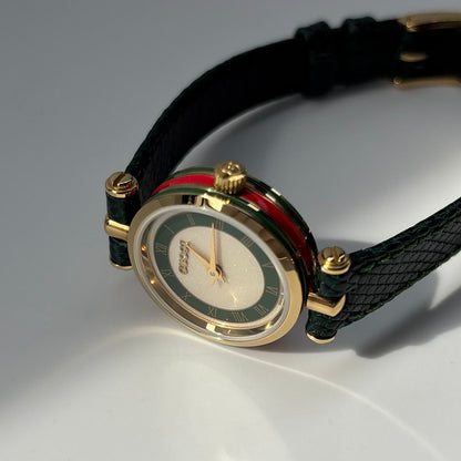 Gucci 1990s Round Dial Green Gold Plated Watch
