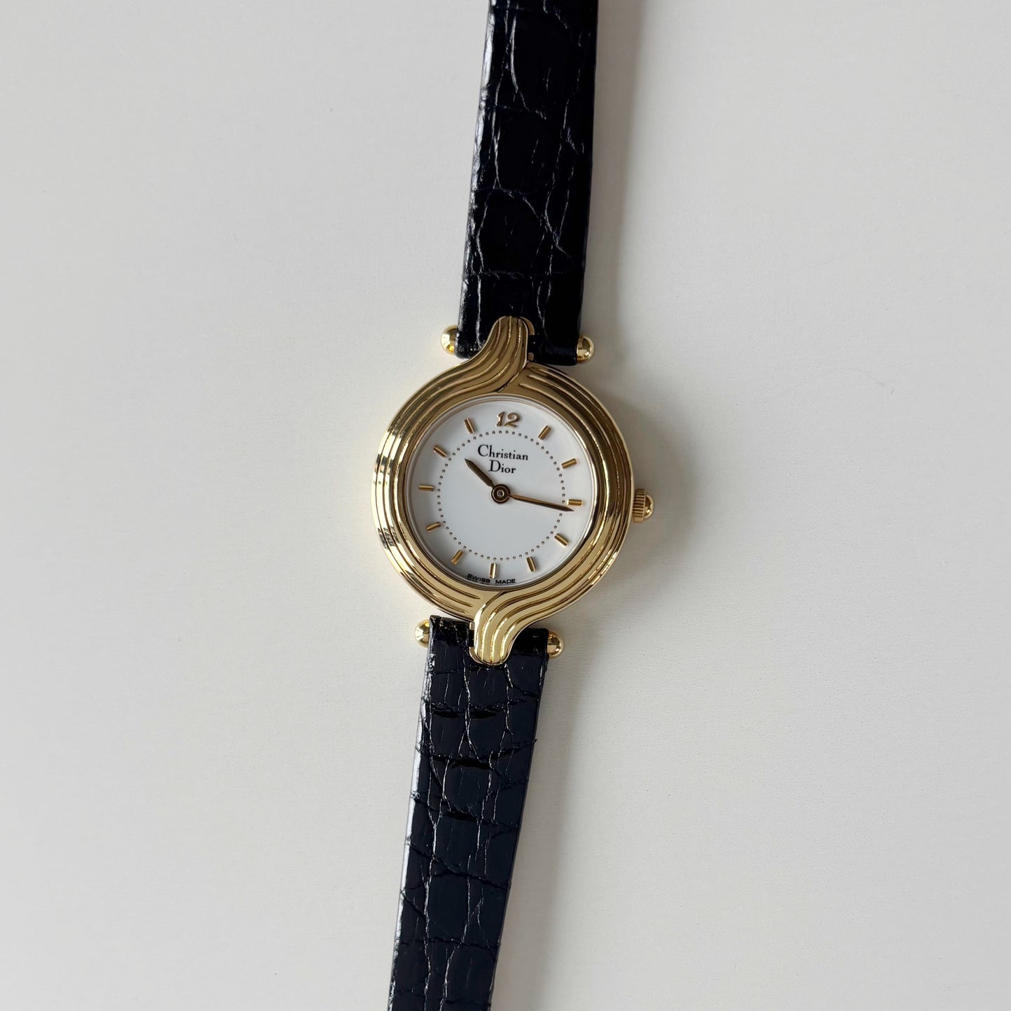 Dior 1990s Round Dial Interchangeable strap Gold Plated Watch with 3 straps, case