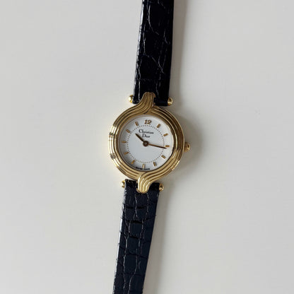 Dior 1990s Round Dial Interchangeable strap Gold Plated Watch with 3 straps, case