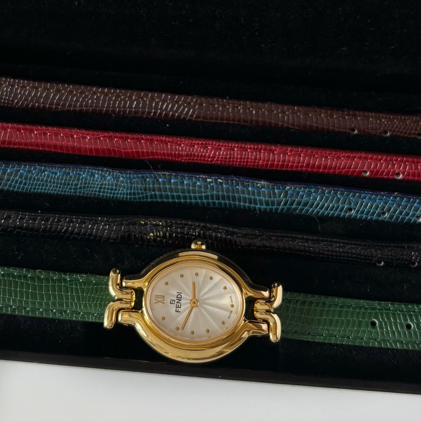 Fendi 1990s Interchangeable Belt Gold Plated Watch with 5 straps, case