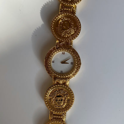 Gianni Versace 1990s Signature 18K Gold Plated Coin Watch