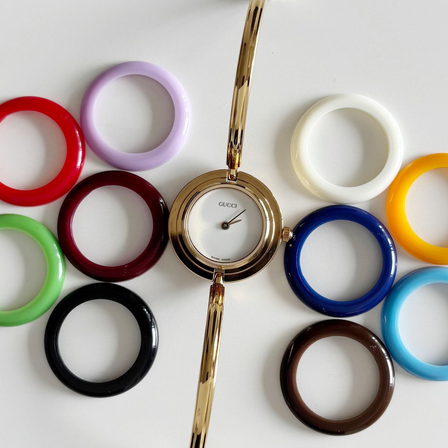 Gucci 1990s Interchangeable Bezel Gold Plated Watch with 12 bezels, case (Small)