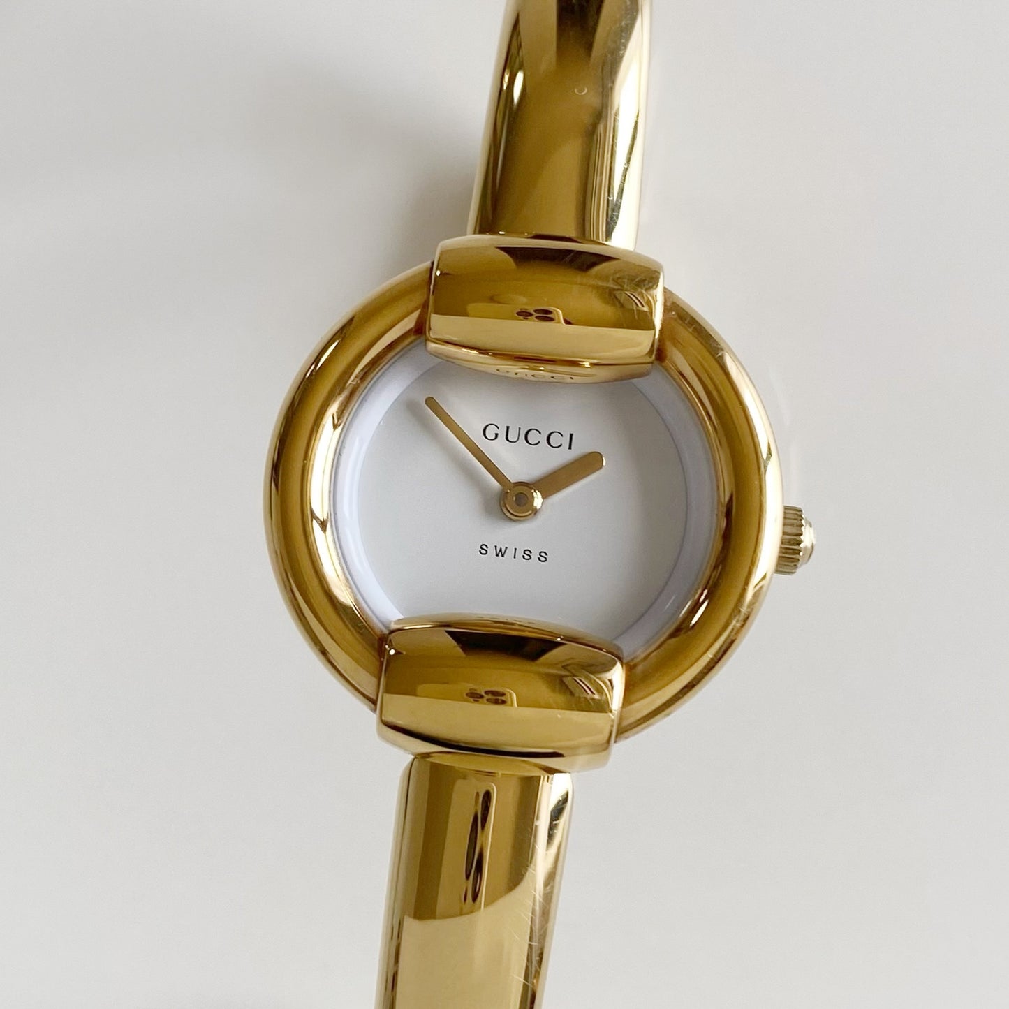 Gucci 1990s Round Dial Gold Plated Bangle Watch