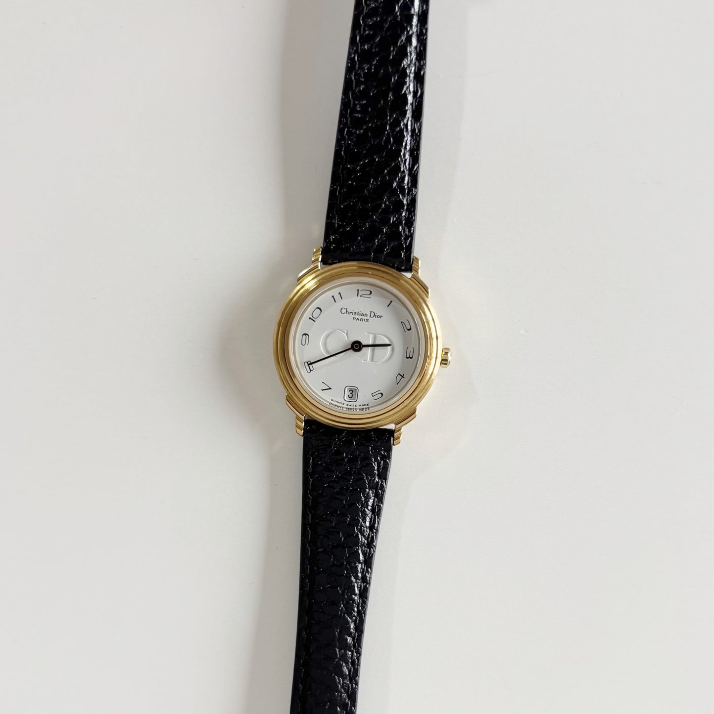 Dior 1990s Date Round Dial Gold Plated Watch