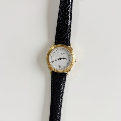 Dior 1990s Date Round Dial Gold Plated Watch