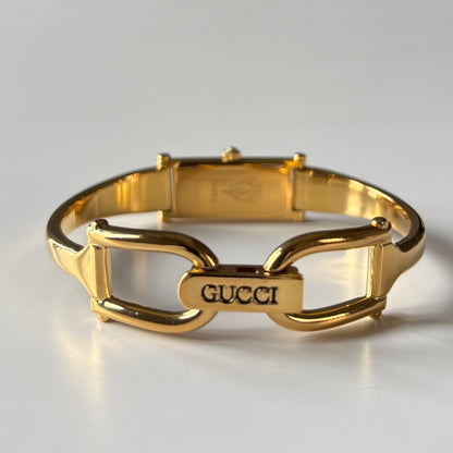 Gucci 1990s Seashell Rectangular Dial Gold Plated Bangle Watch