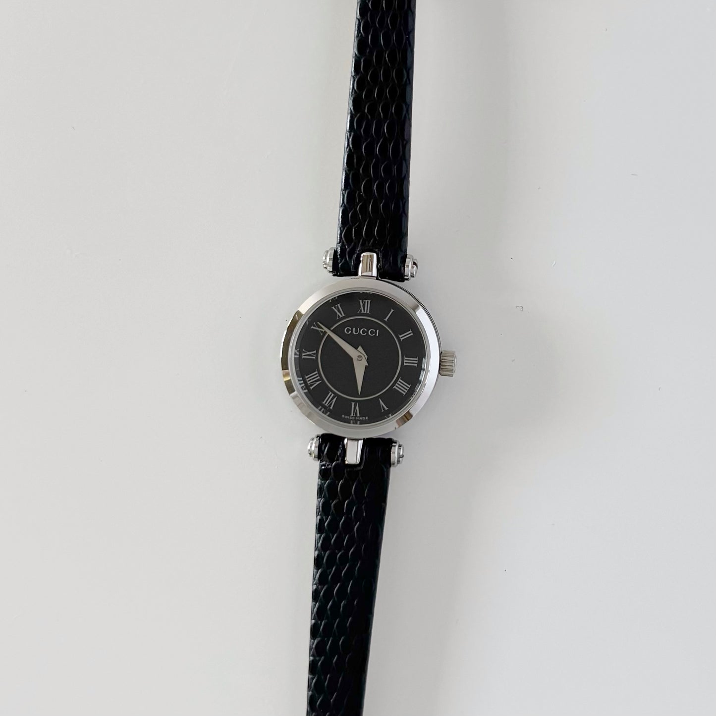 Gucci 1990s Black Round Dial Silver Watch