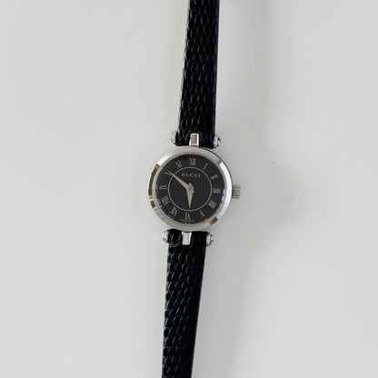 Gucci 1990s Black Round Dial Silver Watch